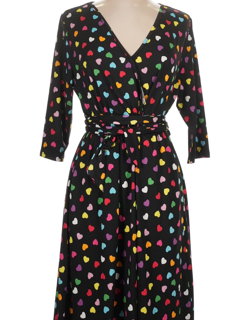 BloomChic Black Long Sleeve Wrap Dress with Multicolor Heart Print
